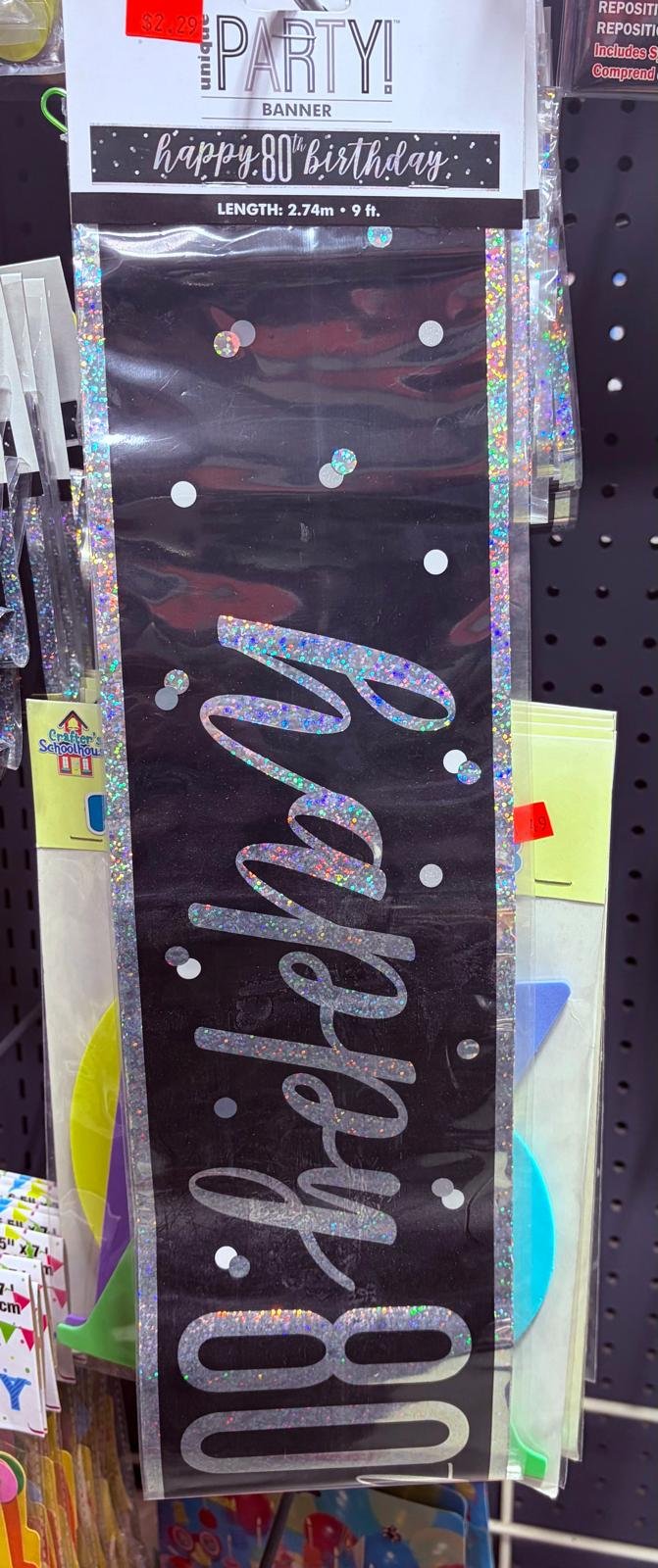 unique black 80th birthday banner (9ft)